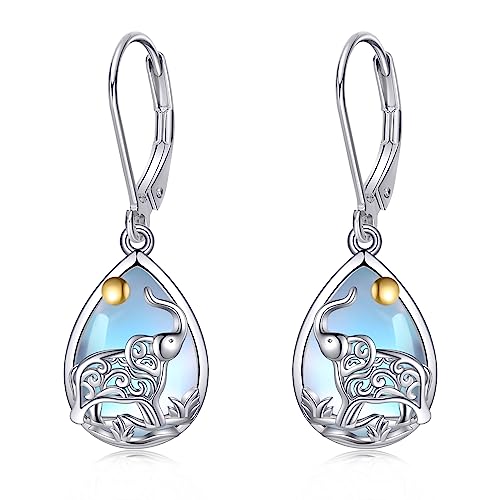 Pendientes de elefante de plata de ley con piedra lunar para mujer, joyería de elefante, regalos para mujer, Plata de ley, desconocido