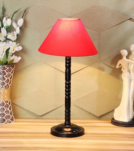 Image of tu casa Red Cotton Shade with Black Metal-Iron Base Table Lamp | Elegant Bedside & Desk Lamp for Bedroom, Living Room, Office, Home Decor & Gifting (Height : 19 Inch /No Blub Included)