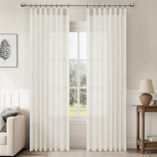 Natural Pinch Pleated Linen Curtains 90 Inches Long for Living Room Bedroom Light Filtering Semi Sheer Window Curtain Drape Back Tab Pinch Pleat Curtains 90 Inch Length with Hooks Cream Ivory 1 Panel