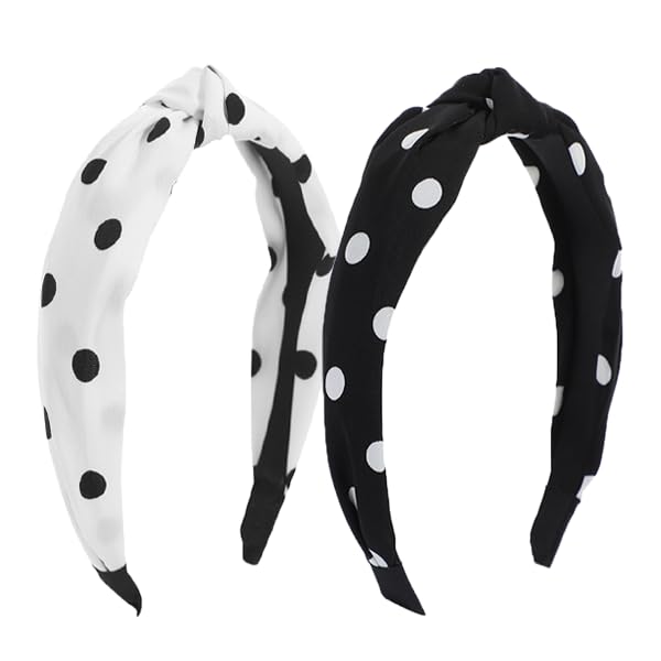 Polka Dot Black White Headband 2PCS, Non-Slip Wide Knotted Headband