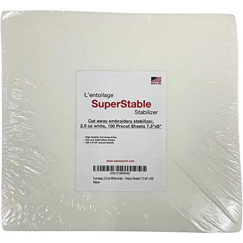 Superpunch Cutaway 2.0 Oz Stabilizer for Embroidery Machines- 7.5 x 8 inches, White SuperStable Embroidery Stabilizer Backing, Cut Away Embroidery Stabilizers 100 Precut Stabilizer Sheets,Made in USA