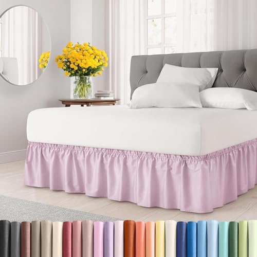Image of Bed Skirt - Wrap Around Dust Ruffle Bed Frame Cover with Easy Fit Elastic Strap, King Size 18 Inch Drop, Microfiber Pleated, Machine Washable | Light Pink
