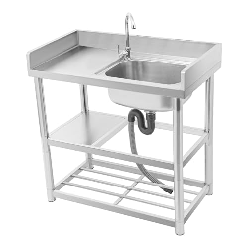 Fregadero de cocina independiente 90 x 50 80 cm acero inoxidable con grifo y superficie de almacenamiento
