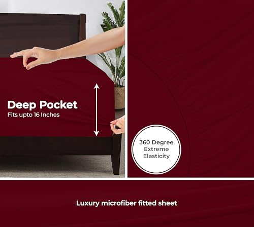 Image of Royale Linens Fitted Sheet King - Ultra Soft 1800 Brushed Microfiber - Hotel Luxury Bottom Sheets - Wrinkle Free & Fade Resistant - Deep Pocket Fitted Sheet Only (King, Burgundy)
