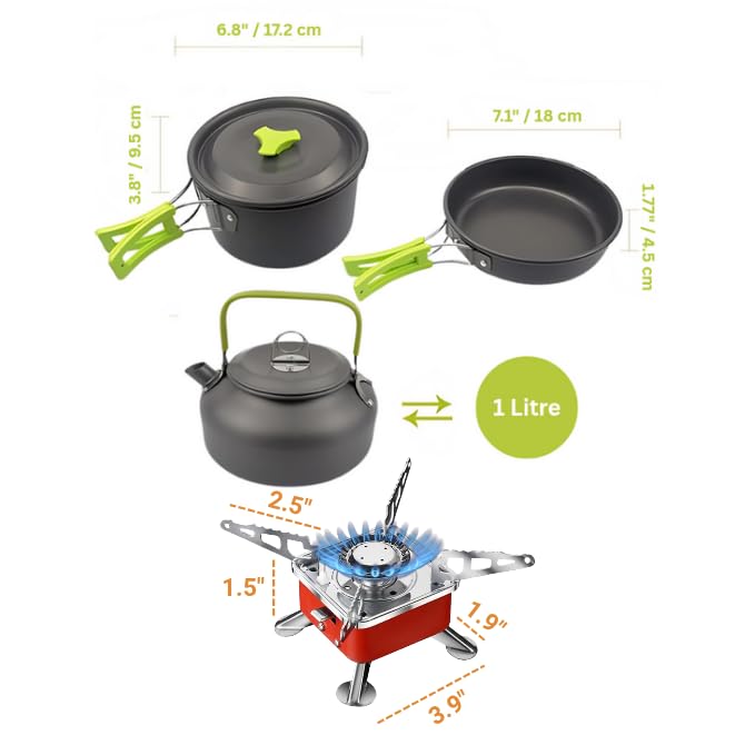 Image of 14-Piece Camping Cookware Mess Kit with Gas Stove, Lightweight Nonstick Pot & Pan Set with Spork, Bowls, Kettle & Travel Bag - Compact Outdoor Cooking Gear for Backpacking, Hiking, Scouts
