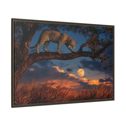 Art mural léopard coucher de soleil grand tableau horizontal cadre espresso
