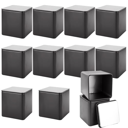 WOPPLXY 12 Pack Square Black Metal Tins, Small Tea Tin Canisters, 8 Oz Loose Leaf Tea Storage Containers with Airtight Lids, Square Tea Containers for Loose Teas, Herbs, Coffee, Cube Sugar