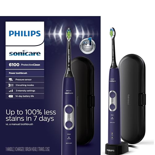 Image of Philips Sonicare ProtectiveClean 6100 Rechargeable Electric Toothbrush, with Pressure Sensor, 3 Cleaning Modes, SmarTimer and QuadPacer, 14-Day Battery Life, Travel Case, Deep Purple, Model HX6471 /03
