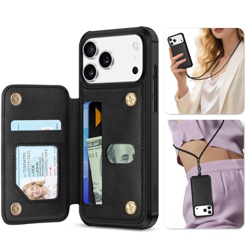TUCCH Card Case Wallet for iPhone 17 Pro Max (6.9") 2025, RFID Blocking 3 Card Slots | Crossbody Lanyard Strap | Clear ID Window | Undetachable | Magnetic PU Leather Shockproof Phone Cover | Black by TUCCH - Used condition - US$13.65