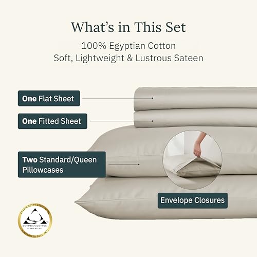 California Design Den Certified Luxury 100% Egyptian Cotton Sheets, Full Size Deep Pocket Sheet Set, Soft and Breathable Sateen - Beige