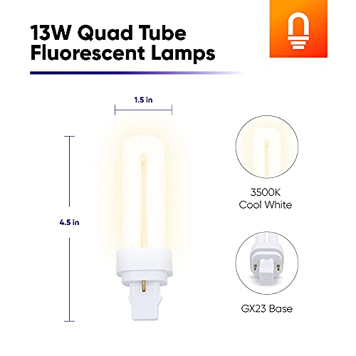 Lumenivo 13 Watt Quad Tube Fluorescent Lamp With Gx23-2, 2 Pin Base 3500K Cool White U Shaped Compact Fluorescent Bulbs 2 Pin - Plc 13W 2 Pin Double Tubes Cfl With 810 Lumens Output - 10 Pack #TOP1