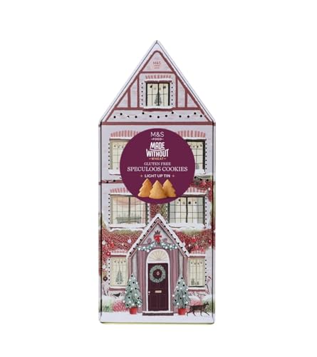 M&S Made Without Wheat Christmas House Tin, Gluten-Free Speculoos Cookies, Light-Up Holiday Decoration