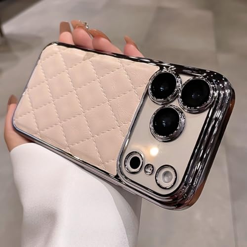Étui en cuir souple pour iPhone 15 Pro blanc évitant les rayures grâce au motif losanges
