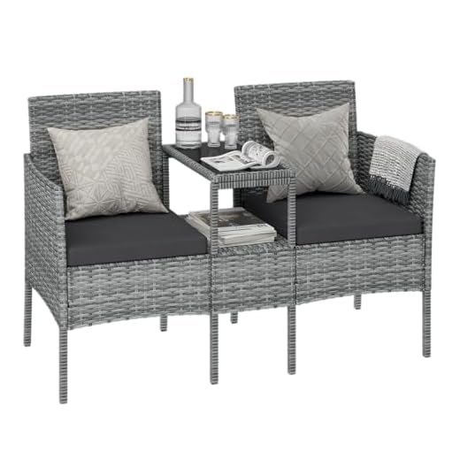 STEELSØN Gartenbank mit Tisch Velara aus Polyrattan, Sitzgruppe für 2 Personen, Balkonmöbel 2er Sofa mit Polster wetterfest, Gartensofa Terrassenmöbel in grau-meliert/anthrazit 81x65x135 cm (HxTxB)