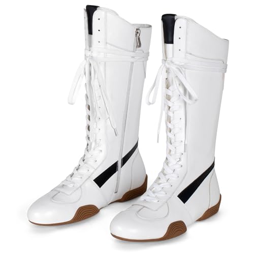 LACIKOSZ Women’s White PU Lace Up Tall Boxing Boots Knee High Retro Dance Streetwear Sneakers with Side Zipper Flexible Non-Slip Sole Size 9