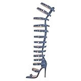 LISHAN Gladiator Strappy High Heel for Women Denim Blue Knee High Sandal Rhinestone Ankle Buckle Wrap Up Stiletto Heel Square Open Toe Zipper Sandalias Size 10