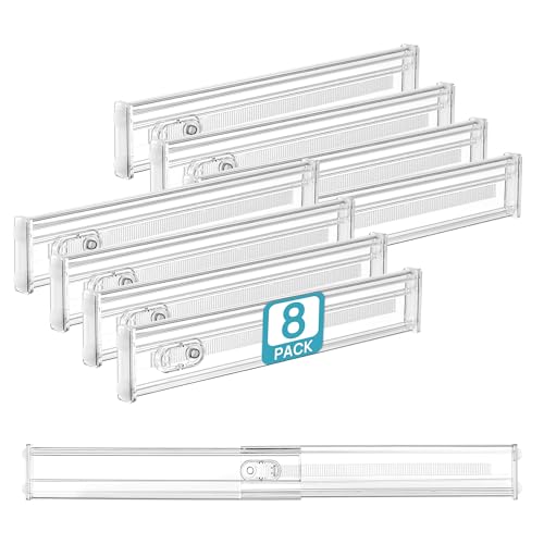 Vtopmart 8 Pack 2.36' Short Upgrade Drawer Dividers for Kitchen Drawer, 12.8'-22.3' Expandable Kitchen Drawer Organizer, Clear Plastic Organizer Separator for Flatware, Utensil, Cutlery, Underwear