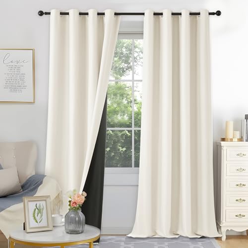 MRTREES Double Rideaux Occultants Beige Clair 140x280 CM 100% Bloquer Lumière Rideau Thermique Isolant Phonique Anti Chaleur et Froid Anti UV à Oeillets pour...