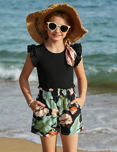 Image of Arshiner Girls 2 Piece Outfits Summer Clothes Ruffle Short Sleeve Shirts Top and High Waist Paper Bag Shorts Set with Pockets