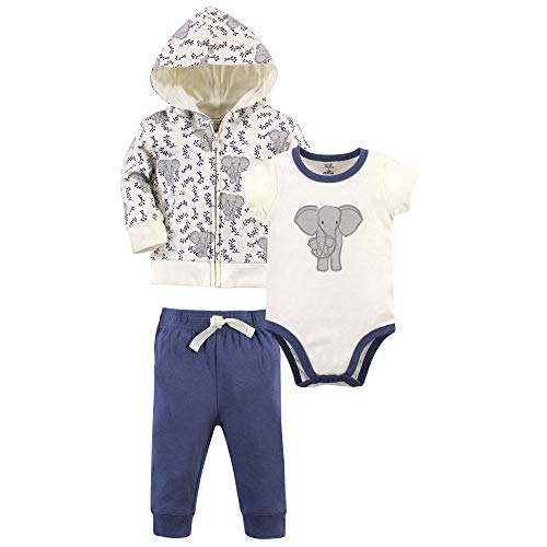 Touched by Nature Baby Organic Cotton Hoodie, Bodysuit or Tee Top, and Pant, Print Elephant, 0-3 Months
