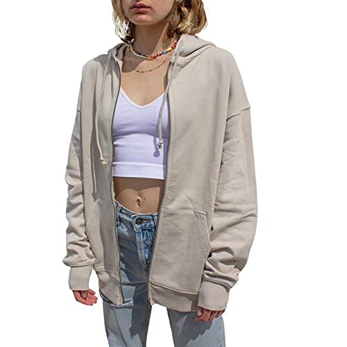 Dpnhyo, Womens Y2K Hoodie Oversized Butterfly Graphic Sweatshirt Full Zip Hooded Jacket E Girl Streetwear(C Beige,S), Small