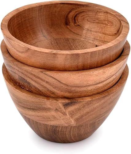 Mahasu Rustic Wooden Multifunctional Round Dinner Bowls (Set of 3, 12.7cm x 12.7cm x 6.98cm, 0.23kg Capacity Each)