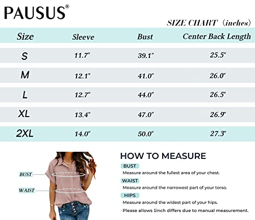 Pausus Women's Chiffon Blouse Solid Color Short Sleeve Loose Fit Button Down Collared Elegant Shirts Tops (Pink,L) #TOP4