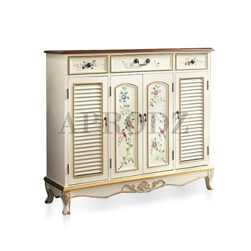 Image of APRODZ Wooden Handpainted Shoe Cabinet with Drawer Storage (White + Brown Finish)