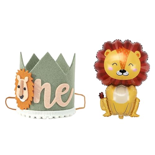 1 corona de león para cumpleaños con 1 globo sonriente, sombrero de cumpleaños para niños y niñas, decoraciones de fiesta en la selva
