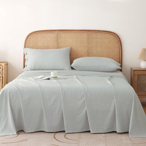 Image of Story@Home Linen King Size Bedsheet Cotton Textured Flat Sheet with 2 Pillow Covers Super Soft Bed Sheet for King Size Bed | 300 TC Striped Pattern | 250 x 270 cm | Light Grey
