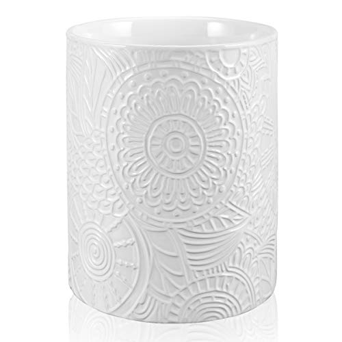 Ceramic Utensil Holder for Countertop, Large Utensil Holder Farmhouse Utensil Crock for Kitchen & Dining Table, White Cooking Utensil Holder,Relief Design with Sunflower Pattern