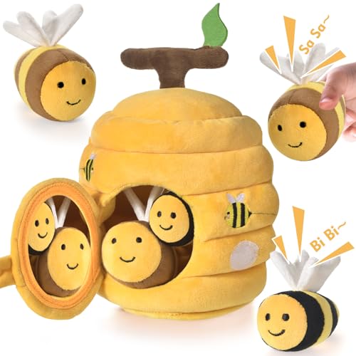 VORENUS Brinquedos bebés 6-12 meses - brinquedos de peluche de 5 abelhas com colmeia, chocalhos, rugas, espelho - brinquedos Montessori sensoriais para bebés 6 9 12 18 meses