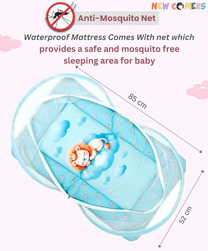 Image of NEW COMERS Baby Bedding Set, 6 Pieces, Cotton, with Pillow, Bolster, Mosquito Net, Playmat, 85 x 52 x 6 cm (Sea Blue)