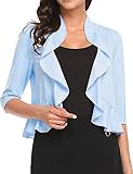 Women's Open Front Cropped Cardigan 3/4 Sleeve Casual Shrugs Jacket Draped Ruffles Lightweight Sweaters (Sky Blue, Medium)