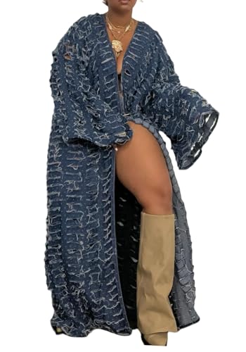 Women's Oversized Ripped Denim Long Cardigan Distressed Hollow Open Front Kimono Robe Duster Jean Jacket Coat