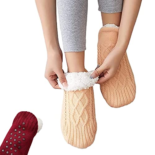 Plus Velvet Thickening Socks Shoes,Heat Holding Sock Knitted Socks,Fleece Lined Anti Slip Socks Slipper Socks Women (35-39,Apricot) Cover