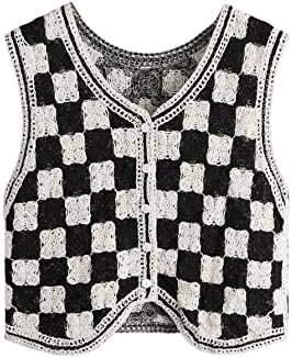 Verdusa Women's Button Front V Neck Sleeveless Checkered Knit Sweater Vest Black and White L