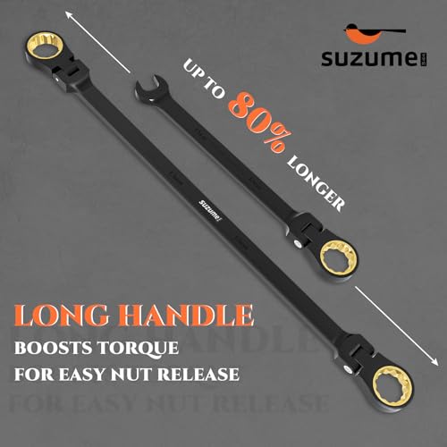 Image of SUZUME Extra Long Flex Head Ratcheting Wrench 12-13mm Metric Double Box End 180 Flexible Head 72-Tooth 15K Gear Tested CR-V Steel Black Chrome Finish For Automotive Plumbing and Bicycle Repair