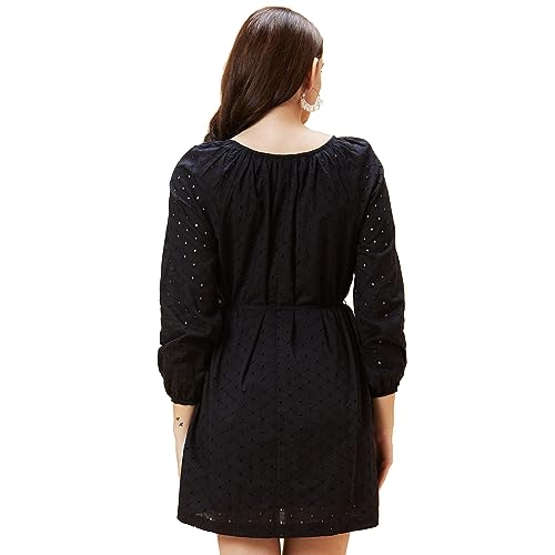 Image of Globus Women Black Schiffli Self Design Round Neck Waist Tie-Up A-Line Dress-3638199001