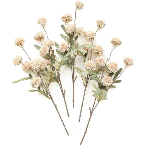 Floroom 5pcs Beige Faux Silk Mums Artificial Flowers, Bulk Fake Small Mini Chrysanthemums with Stems for DIY Champagne Wedding Centerpieces Floral Arrangements Vase Fillers Home Decorations