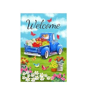 YYLL 77YSDouble Sided 12×18 Inche Spring Welcome Garden Flags Retro Blue Truck Design with Floral Accents for Outdoor Yard Lawn Patic Decor Perfect for Spring Summer Farmhouse Style 12inch X18inch