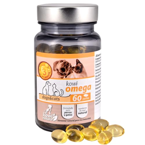 Kowi Omega 60 Perlas de Aceite de Pescado 95% para Perros y Gatos, Omega 3 con EPA y DHA y Vitamina E. Articulaciones, Piel, Pelo, corazón, Vista, Cuidado cognitivo para el Bienestar General.