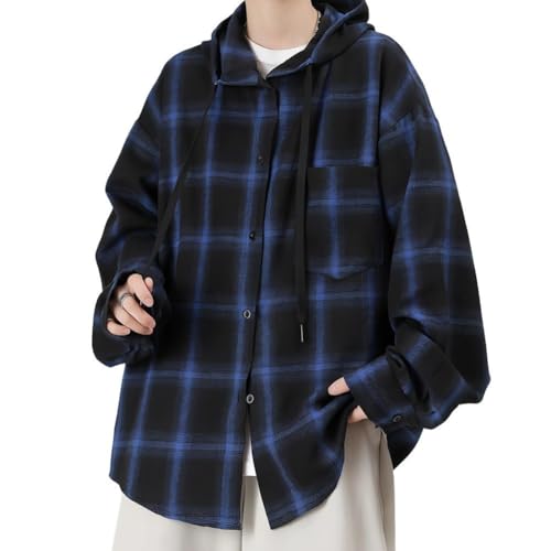[FJLTDCP] パーカー メンズフード付き 秋服 おしゃれ 大きいサイズカーディガン メンズフード付きレイヤードカットソートップス 長袖ズチェックのフー blue-2XL（Amazon）