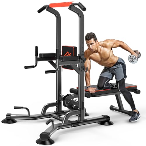 SQUATZ Pull-Up Dip Station - Your All-in-One Power Tower Gym and Chin-Up Bar Stand with Collapsible Bench for Home Exercise and Bench Press
