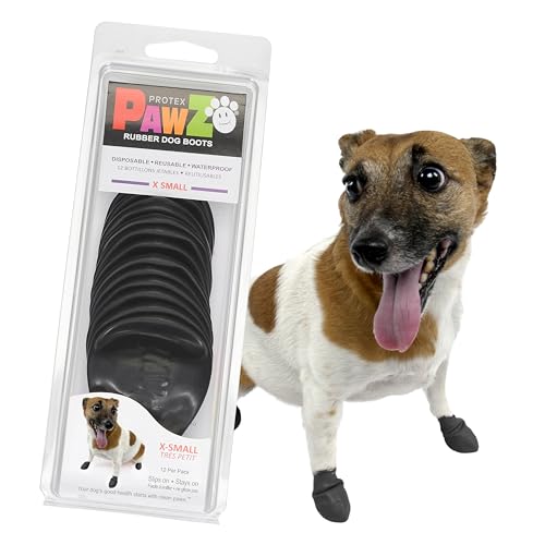 PawZ Rubber Dog Boots for Small Paws - All-Weather Waterproof Dog Shoes, Anti-Slip Traction for Rain, Snow, Mud & Hot Pavement - Pull-On Dog Booties, Black - X-Small (1.5'-2') - Pack of 12