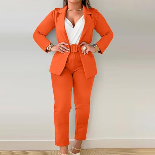 Women's Dressy Suit 2 Piece Business Outfits Long Sleeve Lapel Single Button Blazer and Pencil Pant with Belt Sets2