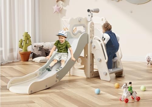 Babytronic Toddler Slide, 6 in 1 Kids Indoor Slide for Toddlers 1-3, Kids Playground for Indoor Outdoor with Basketball Hoop and Telescope, Indoor Outdoor Slide Playset (White&Gray)