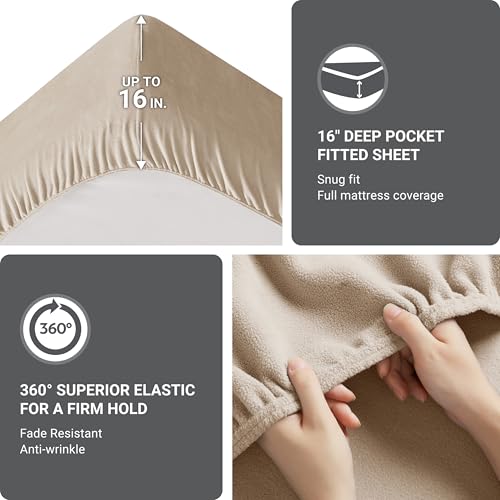 Image of True North by Sleep Philosophy Micro Fleece Bed Sheet Set, Warm, Sheets with 14 inch Deep Pocket, for Cold Season Cozy Sheet-Set, Matching Pillow Case, Queen, Khaki, 4 Piece