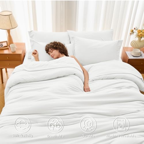 MUXHOMO 7 Pieces King Comforter Set, Soft Bed in a Bag King Size, All Season Bedding Set with Comforter, Flat Sheet, Fitted Sheet, Pillowcases & Shams, White