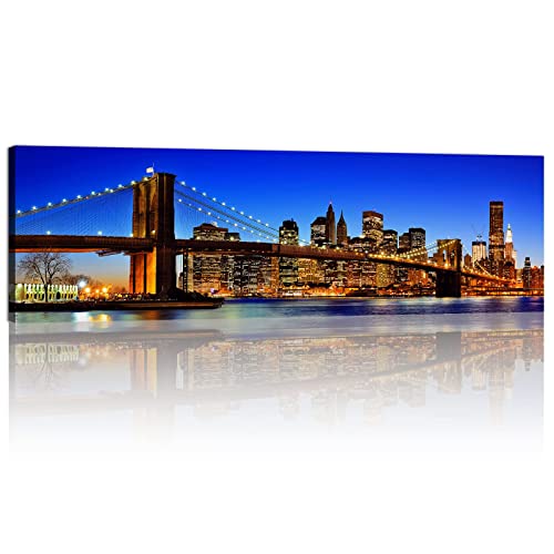 Brooklyn Bridge Wall Art Modern Cityscape Manhattan Pictures Canvas Prints Giclee City Landscape Wall Decor Night View Reflections Photo Paintings Artwork Office Living Room Home Decorations 14x48”